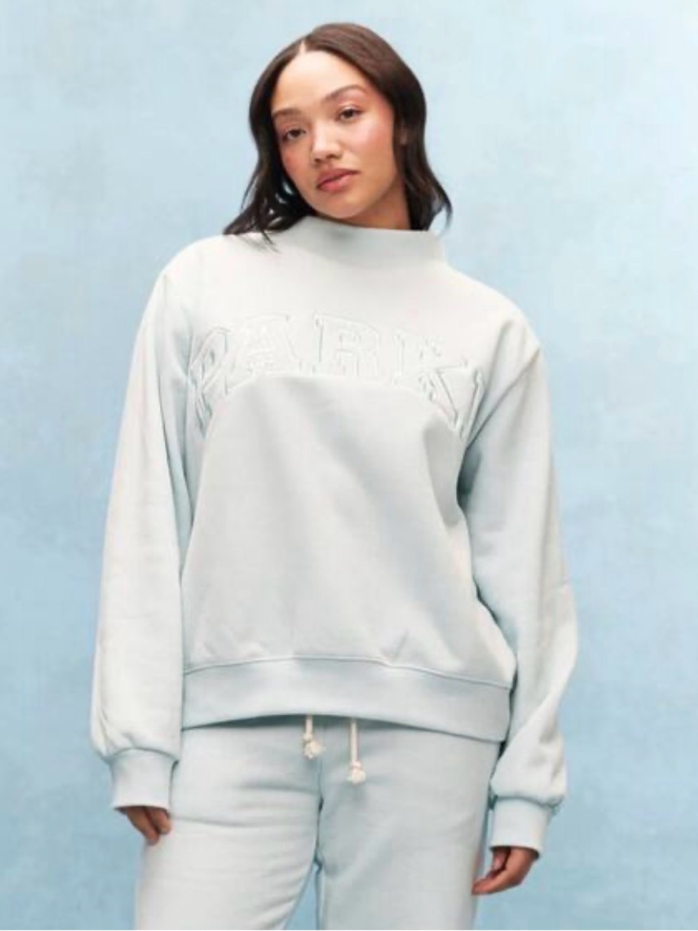 PARKE arctic Embroidered Mock Neck Sweatshirt in Pale Blue